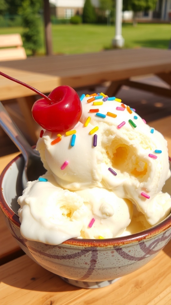 A bowl of homemade vanilla ice cream topped with sprinkles and a cherry, set on a picnic table.